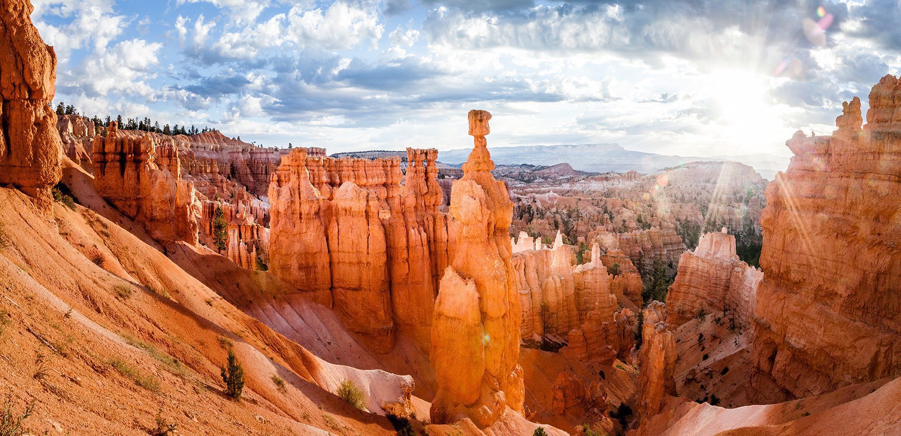 Panoramic view of scenic Bryce Canyon National Park with Thor's Hammer formation in golden morning light with sun peaking through the clouds during a beautiful sunrise in summer, Utah, western USA
